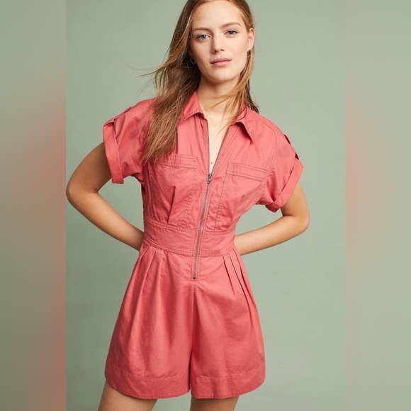 Anthropologie Pants - Anthropologie Holding Horses Coral Zip Front Romper 6 Cotton Lyocell Utility
